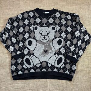 Vintage 90s Classic Essentials Argyle Teddy Bear Sweater Size 20W/40 Made in USA